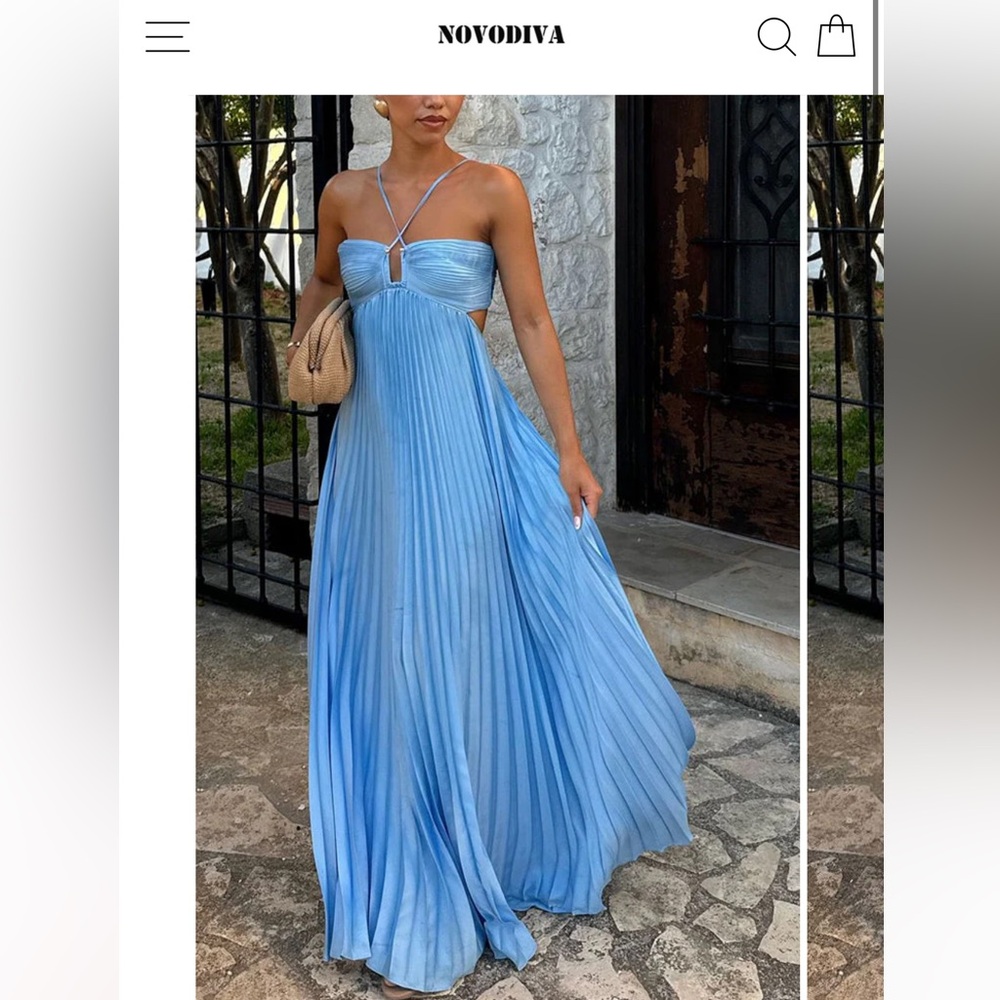 Elegant Sky Blue Pleated Maxi Dress - Women